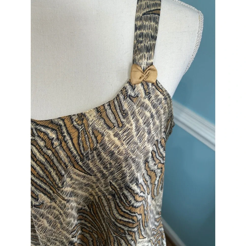 Vintage Tiger Print Satin Nightgown XL Tan Brown Animal Print Bow Strap Chemise